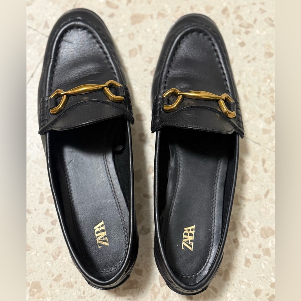 Zara Elegant Black Loafers with Gold Detail